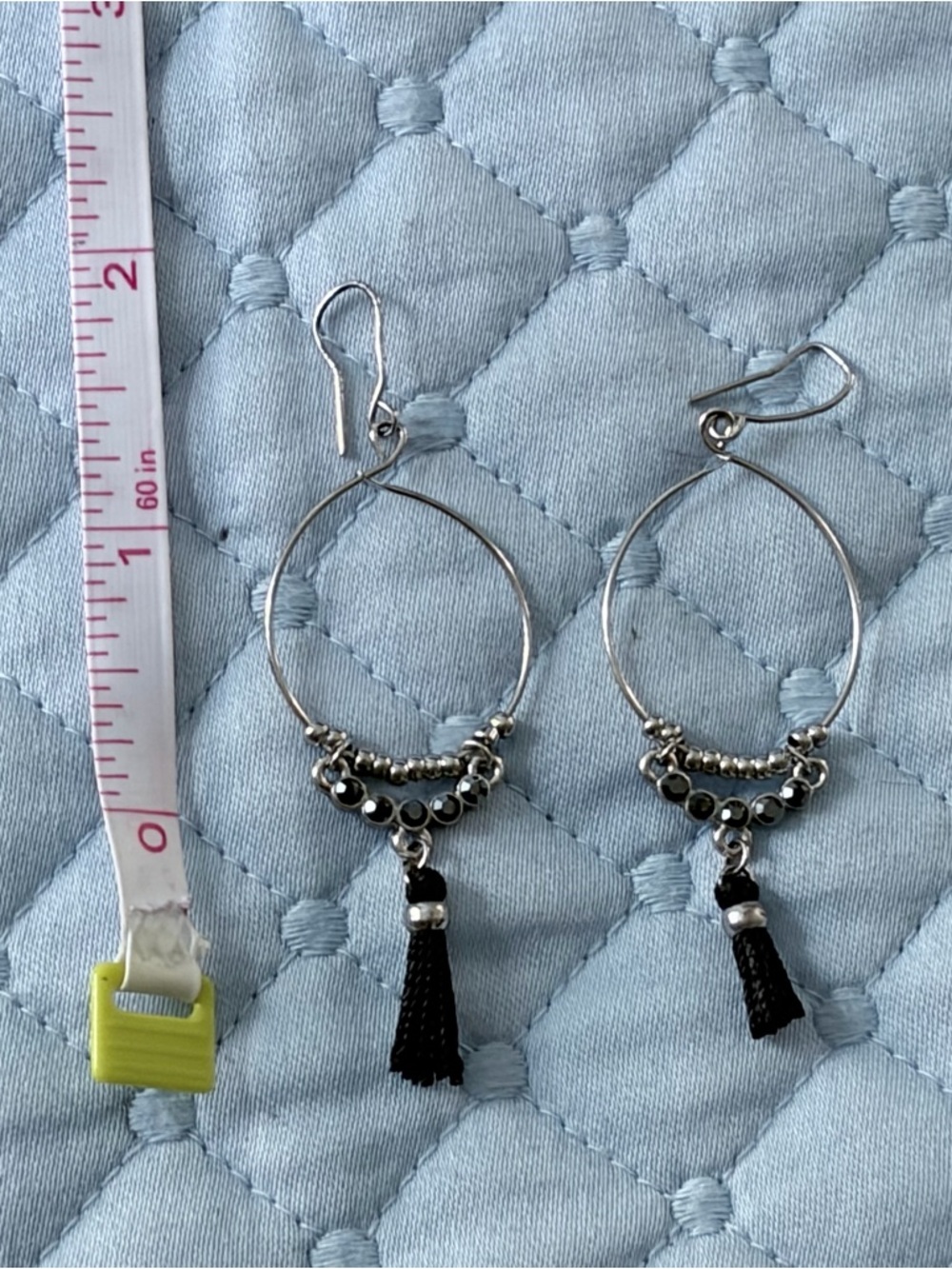 Silver Hoop Earrings with Black Tassel